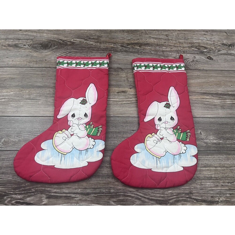 Lot Of 2 Precious‎ Moments Bear Christmas Stockings Cut n Sew Finished Red 16"